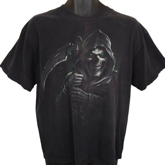 Vintage Grim Reaper T Shirt Mens Size Large Black Y2K Exile Skeleton Skull - Picture 1 of 6